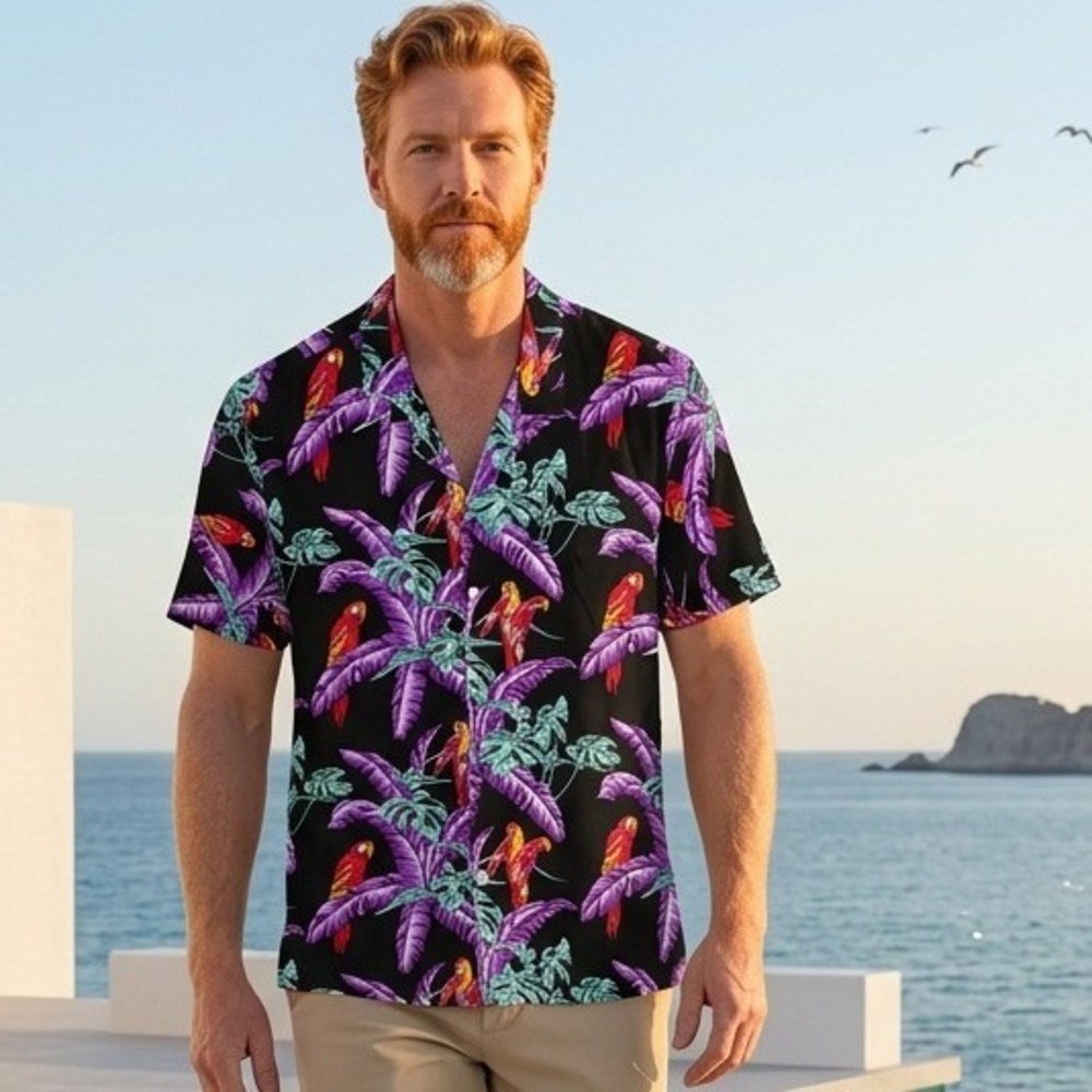 Vintage Paradise Found Hawaiian Shirt Black Purple Tropical Parrot Magnum PI 2XL